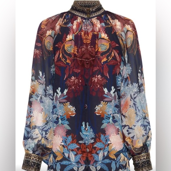 Camilla Raglan Blue Silk Shirt Nouveau Nights Embellished Beaded Size Large - Picture 3 of 8